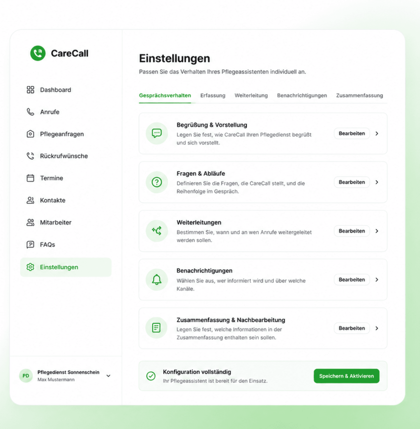 CareCall Einstellungen für Gesprächsverhalten und Weiterleitungen