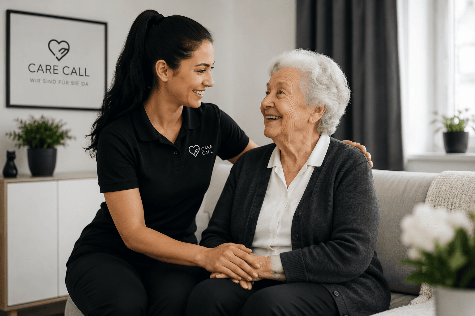 Eine Pflegekraft im persönlichen Gespräch mit einer Seniorin
